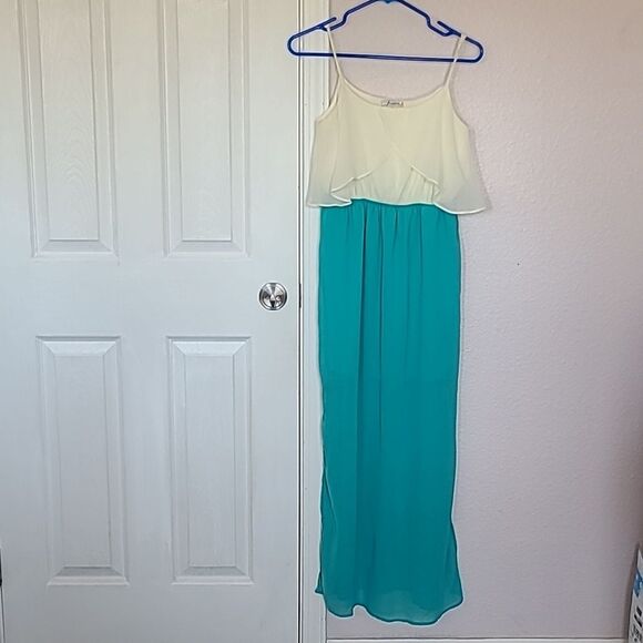 Freebird Maxi Turquoise Blue Cream Colorblock Dress Summer Size Small lined - Picture 1 of 5